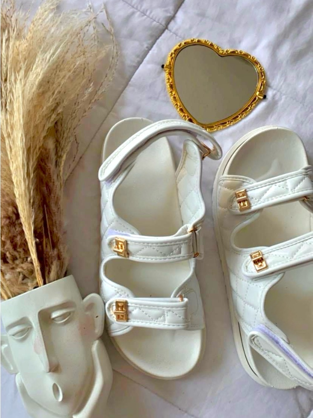 White Quilted Strappy Sandals with Gold Hardware